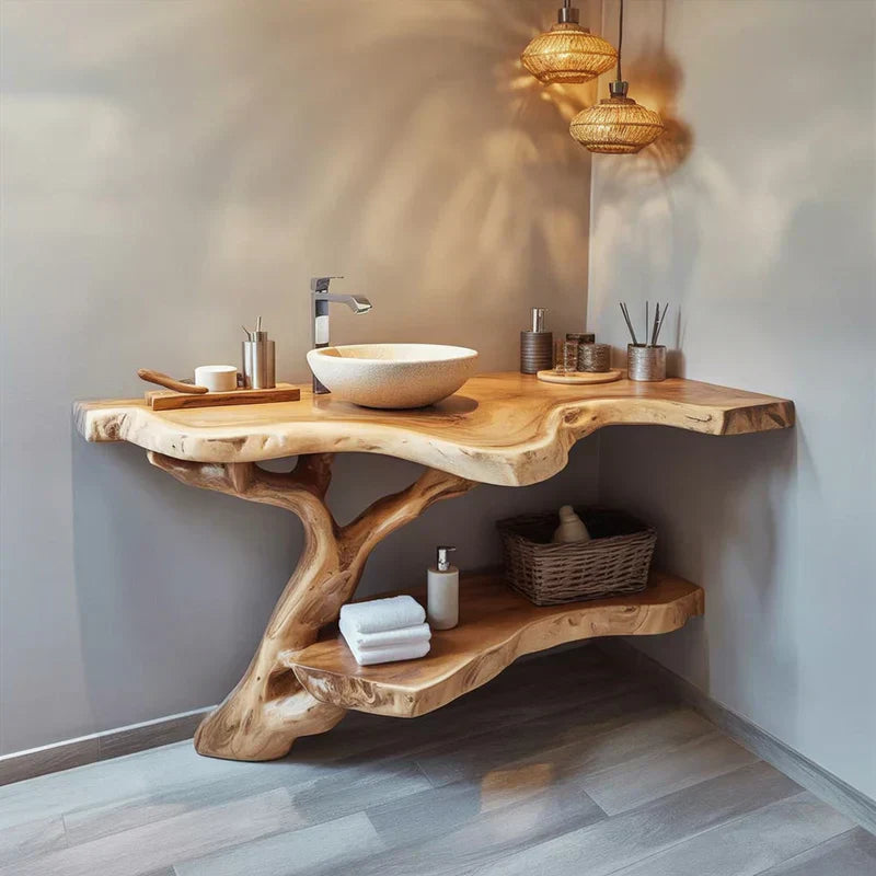 Handcrafted live edge solid wood bathroom vanity with sculptural tree base, modern decor