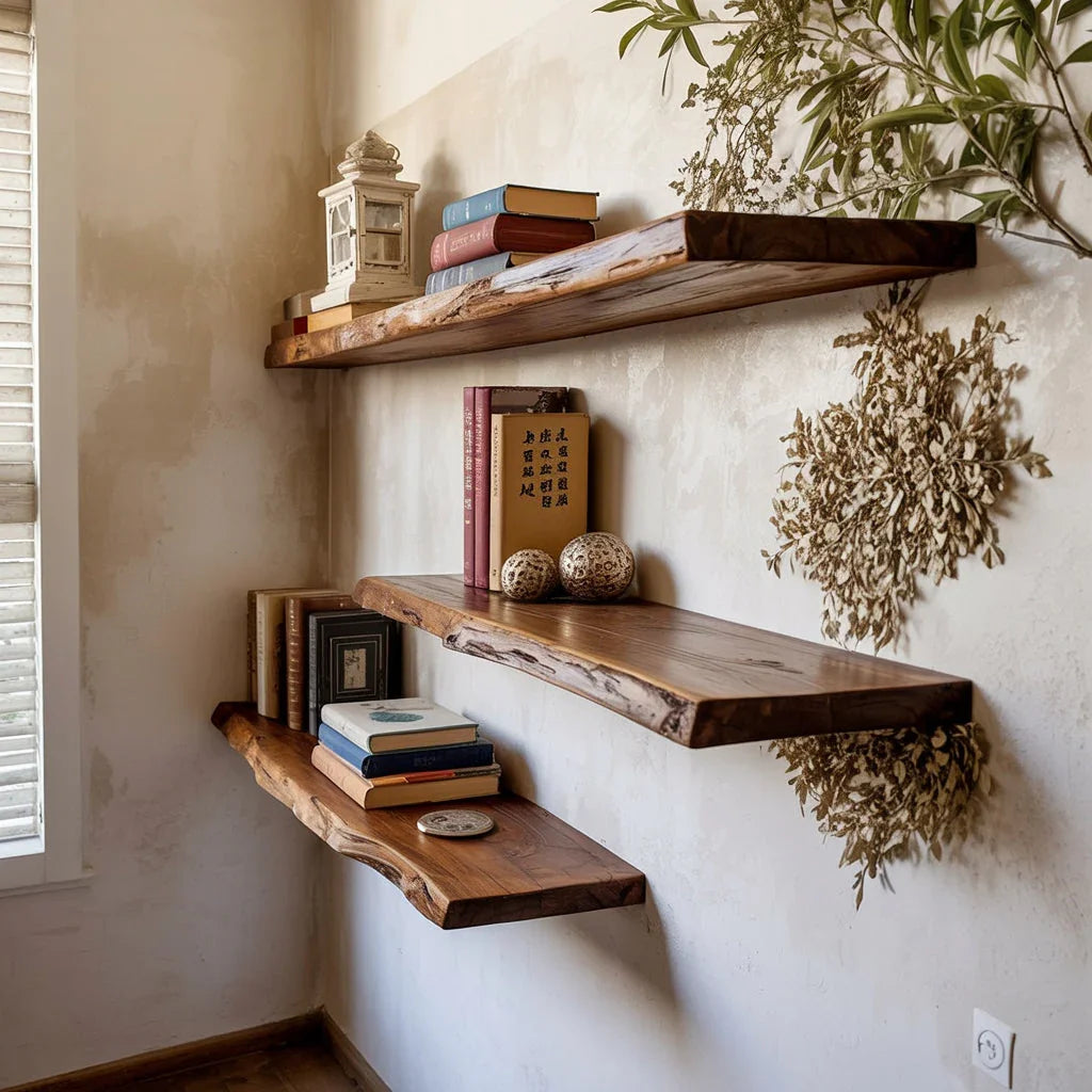 Wooden floating shelf suitable for bathroom use with moisture-resistant finish