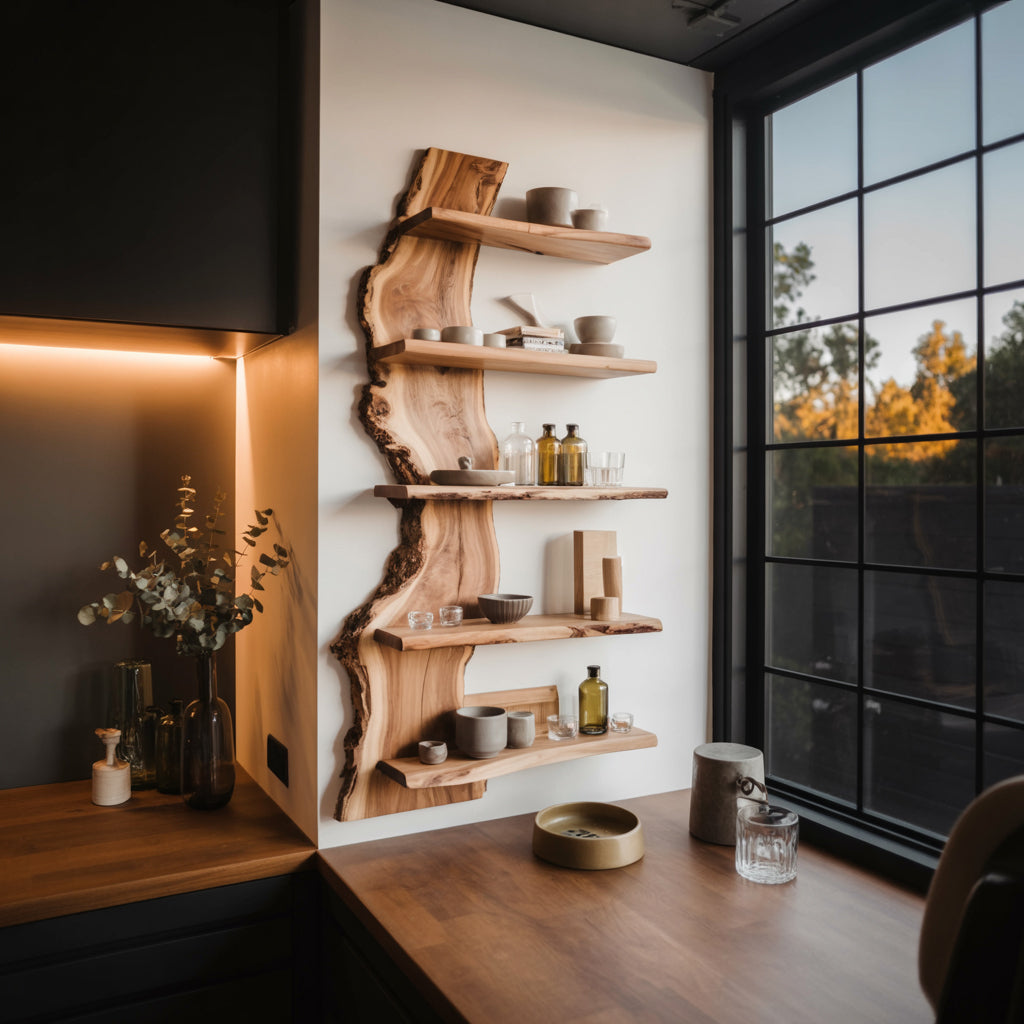 Floating shelves in a kitchen displaying dishes and cooking essentials