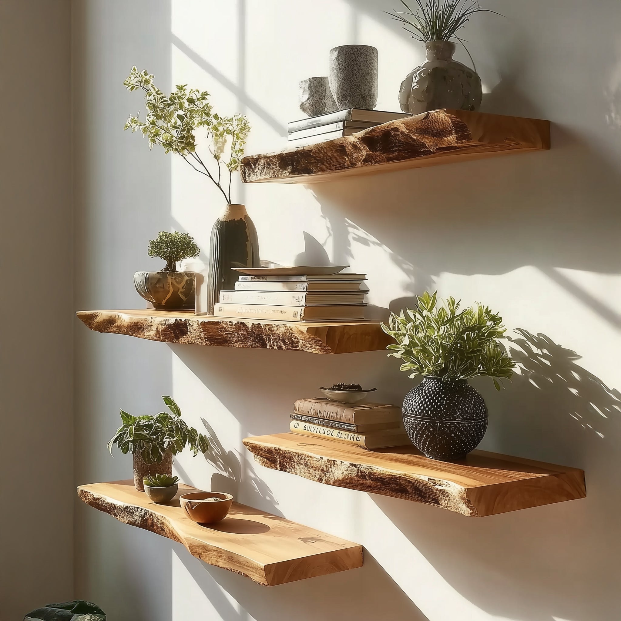 Live edge floating wood shelves with books, plants, and vases in sunlit interior