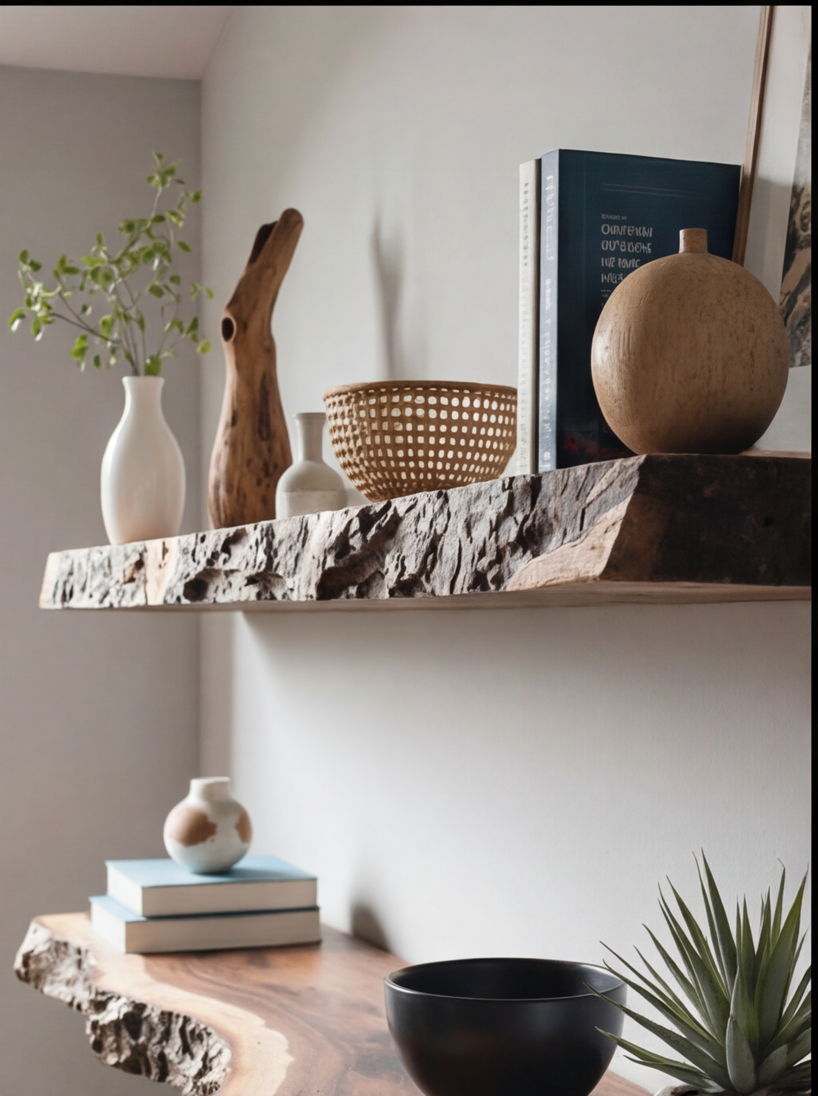 Live edge wood floating shelves with books, vases, a basket, and decorative plants