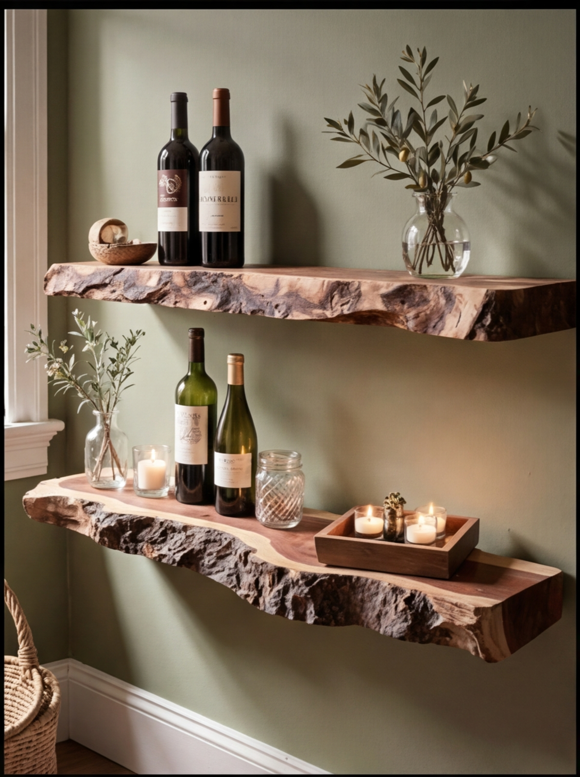 Live edge solid wood floating shelves decorated with wine bottles, candles, and glass vases.