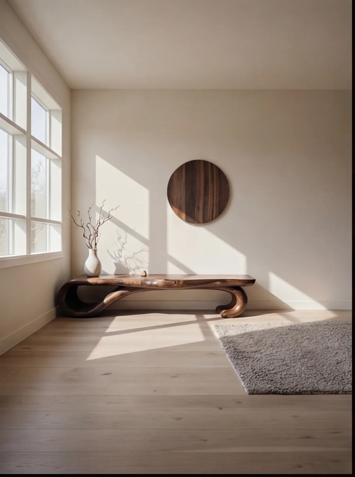 Sculpted live edge wood bench in a sunlit modern room with a round wood wall art and vase