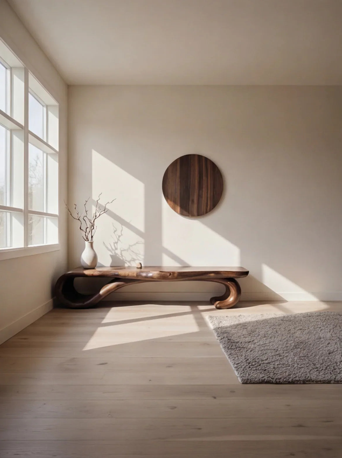 Sculpted live edge wood bench in a sunlit modern room with a round wood wall art and vase