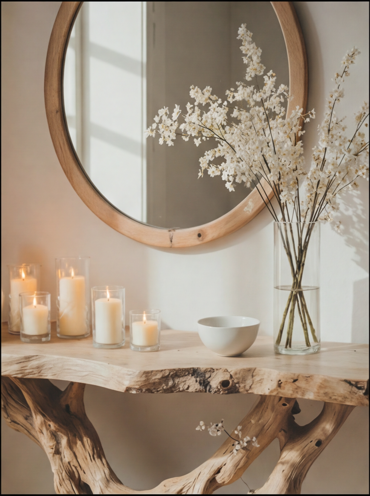 Live edge wood console table with glass candles, round mirror, and vase of white flowers