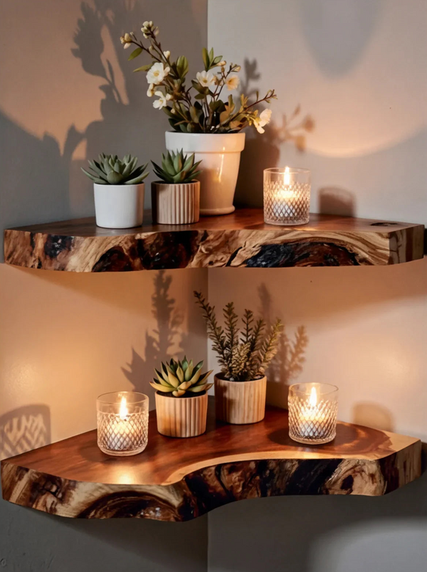 Rustic Corner Wall Shelf – Natural Live Edge Wood Floating Shelf for Candles and Plants