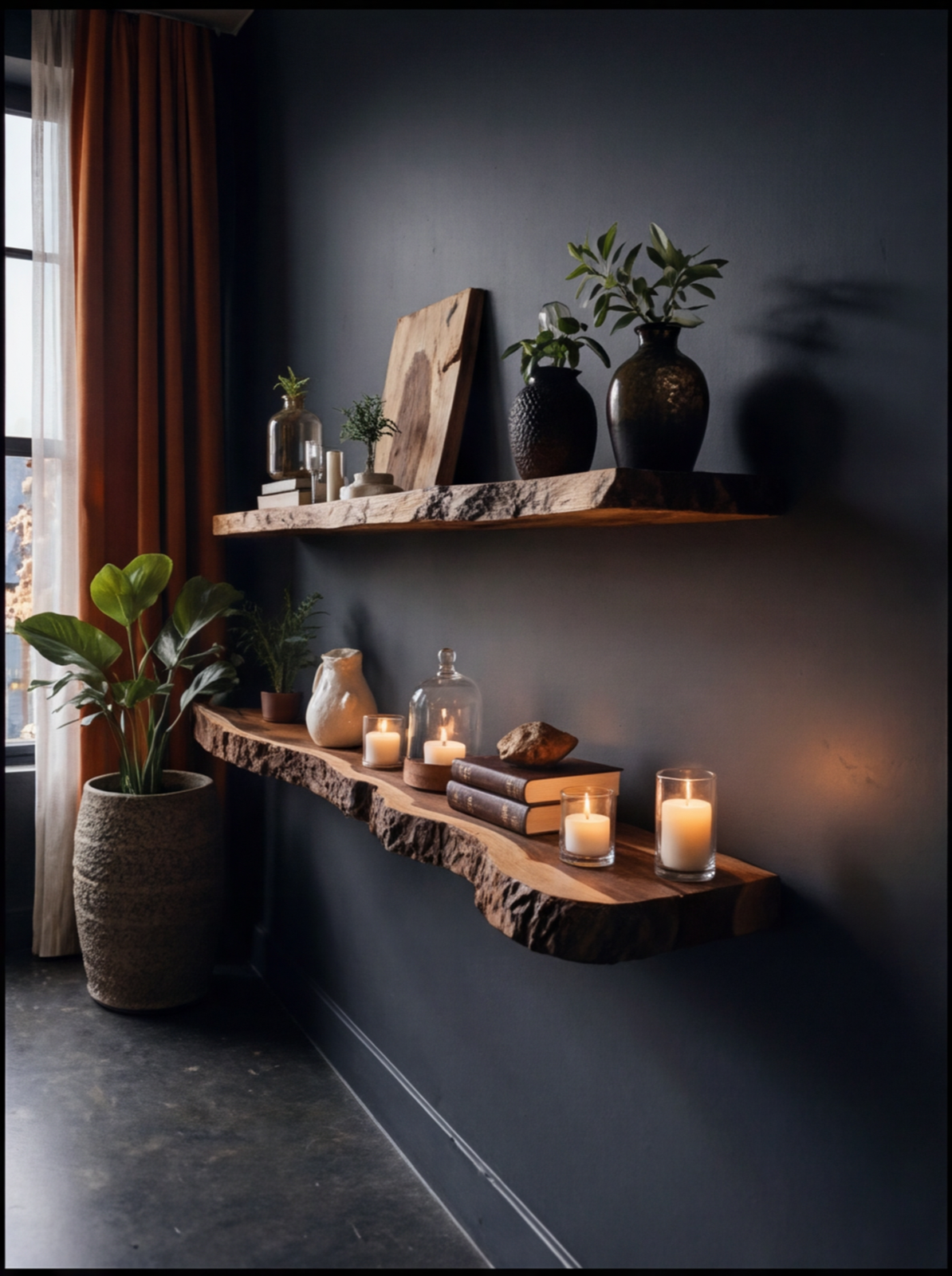 Live edge floating wood shelves on dark wall with candles, plants, books and vases, modern decor