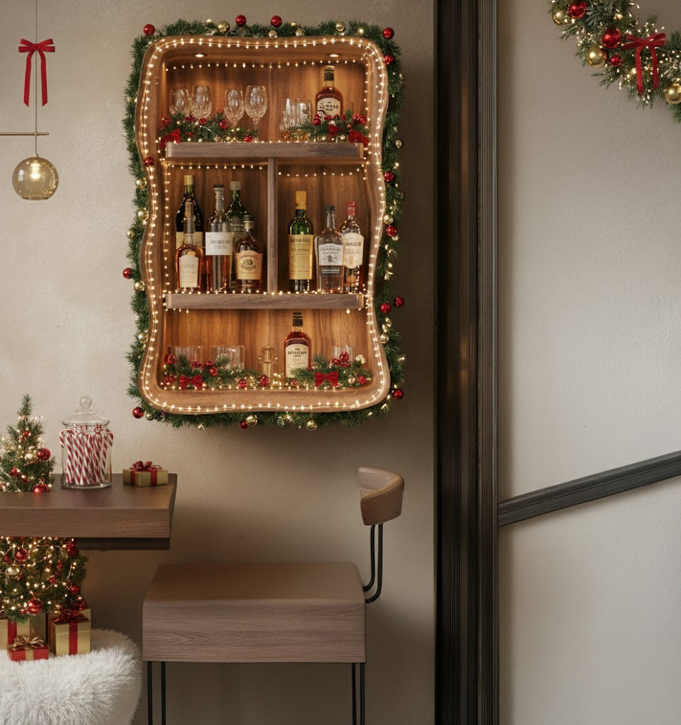 Wooden wall bar with holiday lights, Christmas decorations, whiskey bottles, glasses, and a barstool