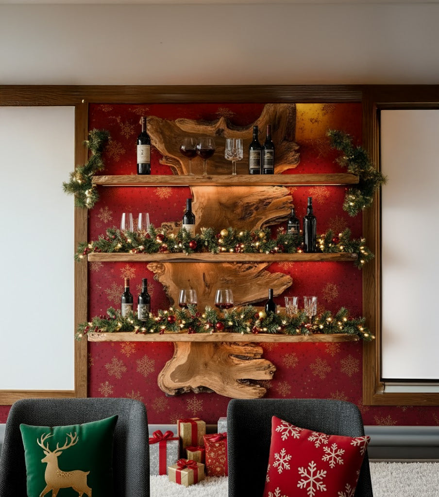 Christmas wine display with wooden shelves, garlands, and festive decor on red snowflake wallpaper