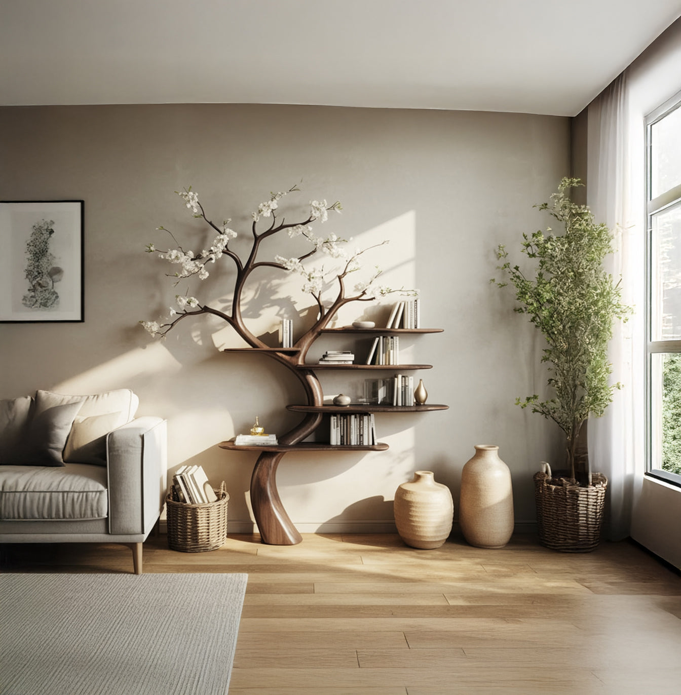 Tree-shaped wooden bookshelf with decorative branches in a modern living room, sunlight, vases