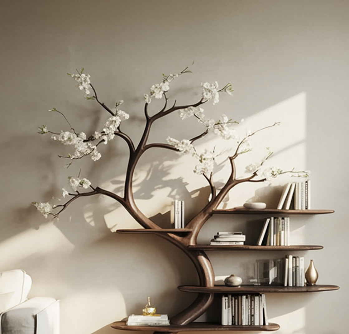 Solid wood tree bookshelf with decorative branches, books, and vases in a modern living room