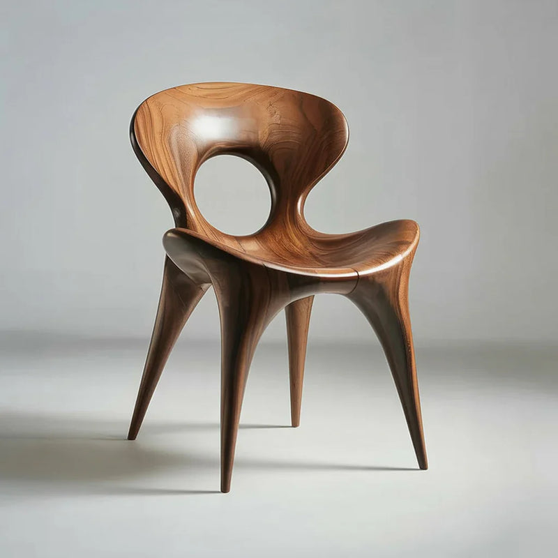 Modern solid wood chair with sculpted curves and open backrest on a neutral background
