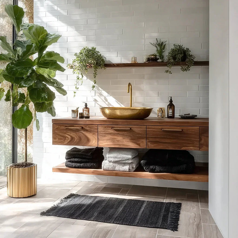 Modern bathroom with solid wood floating vanity, gold sink, indoor plants, and white tile wall