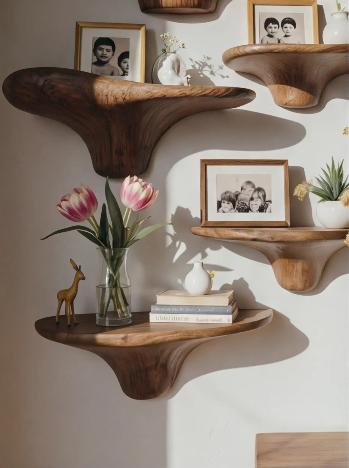 Solid wood floating shelves with framed photos, tulips in vase, books, and modern decor