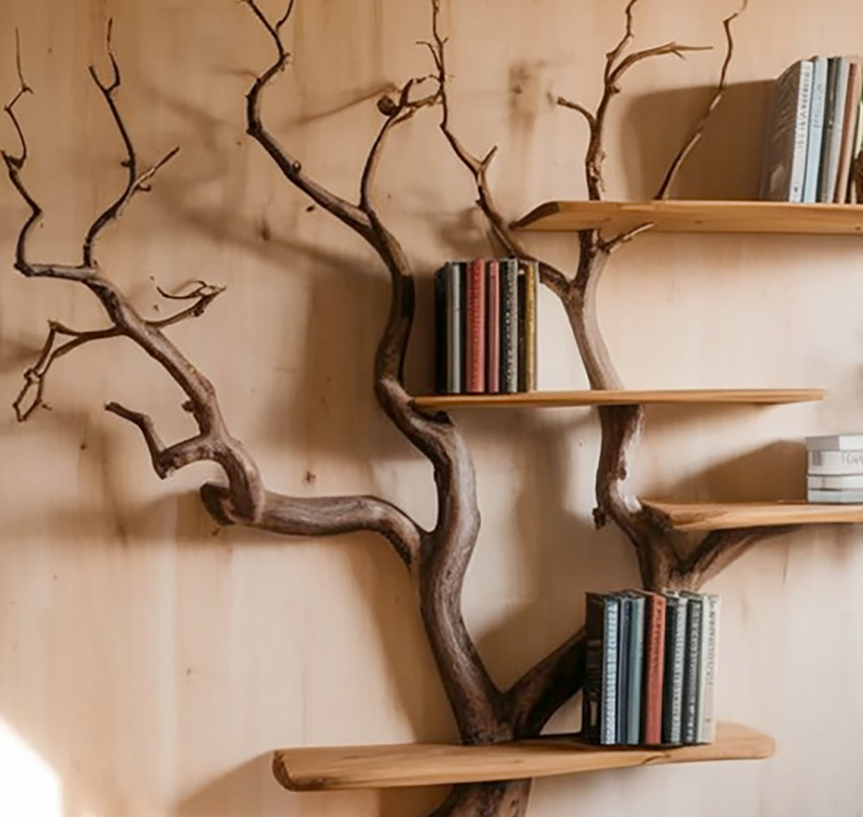 Tree branch bookshelf with live edge wood shelves holding books on a natural wood wall