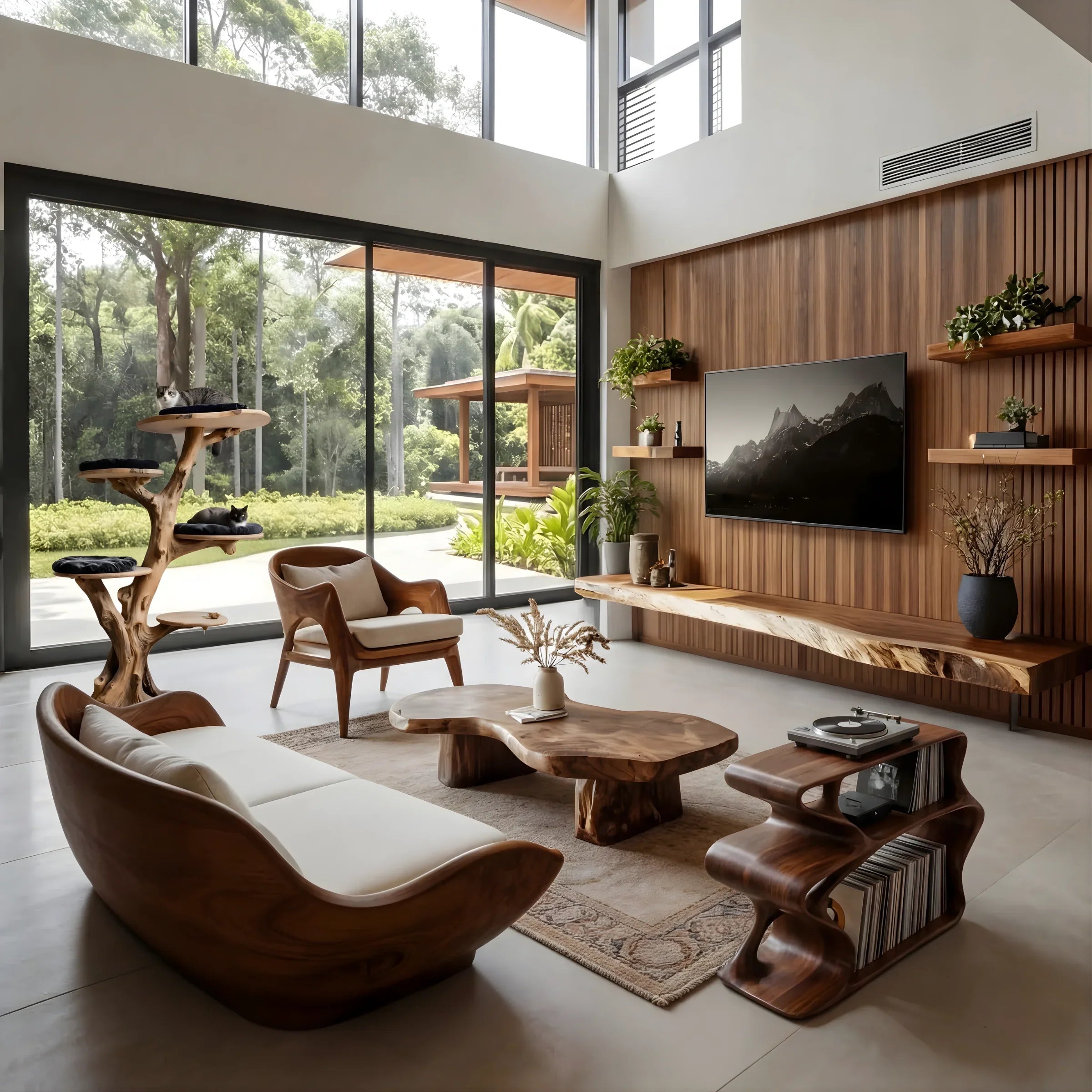 Modern living room with live edge wood furniture, tree bookshelf, floating shelves, and large windows.