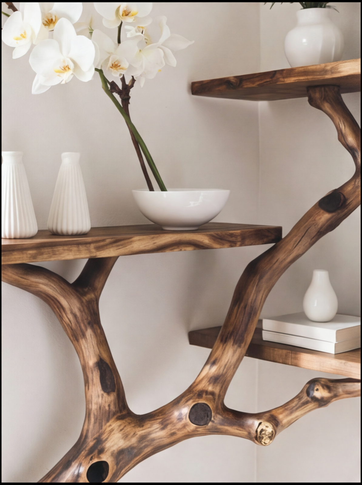 Floating Corner Tree Bookshelf – Rustic Driftwood Branch Wall-Mounted Shelf
