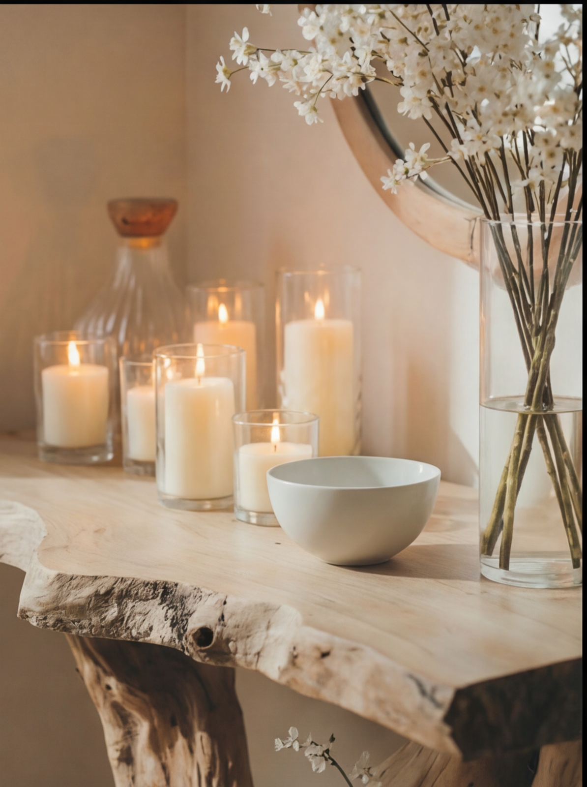 Live edge wood table with white candles, ceramic bowl, and glass vase of flowers