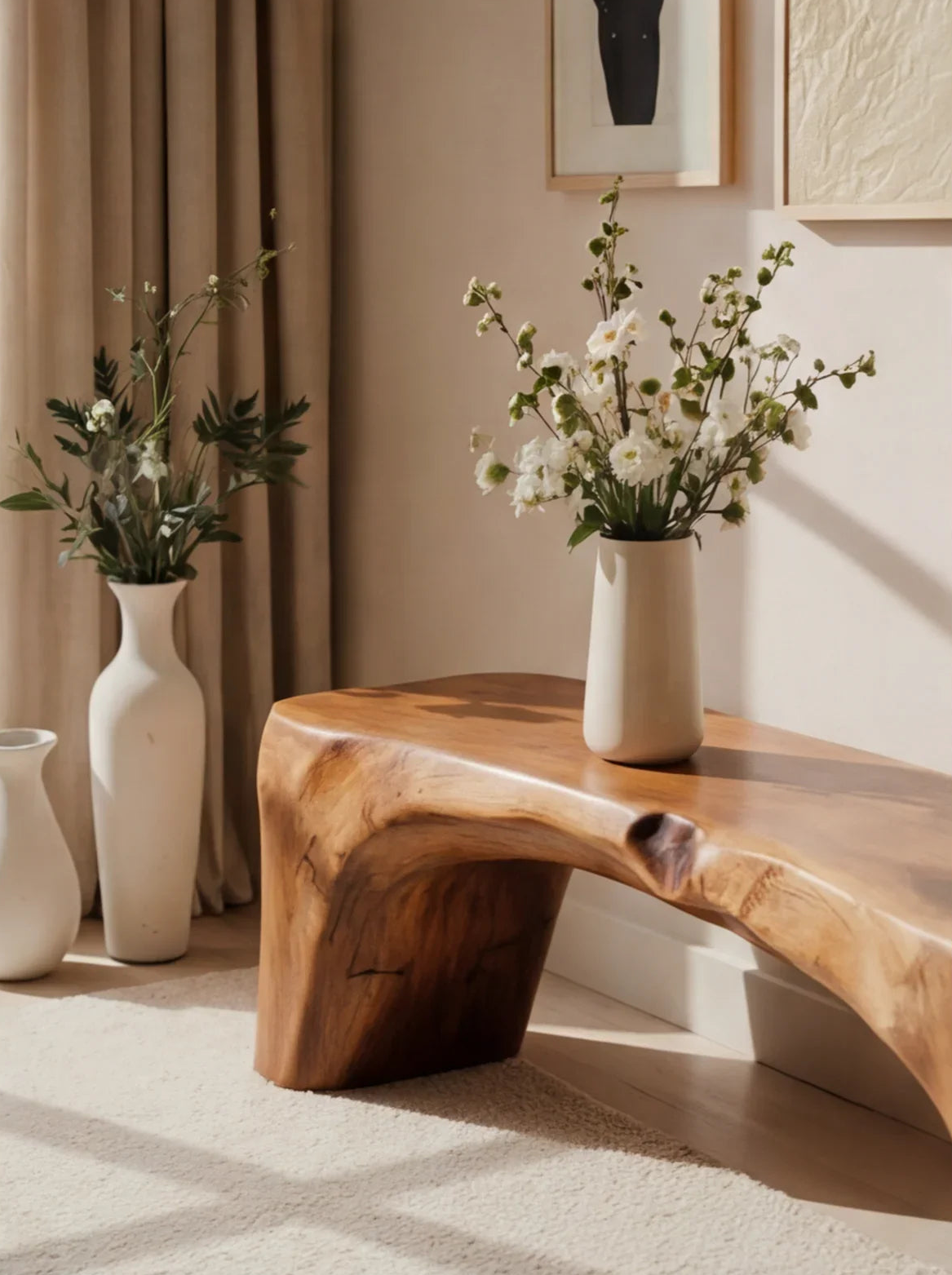 Live edge solid wood bench with white ceramic vases and floral arrangements in a bright room.