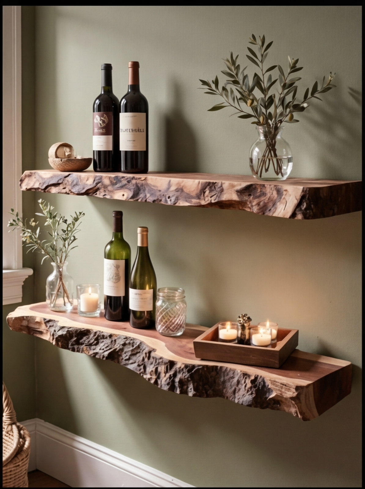 Live edge solid wood floating shelves with wine bottles, candles, and glass vases on green wall