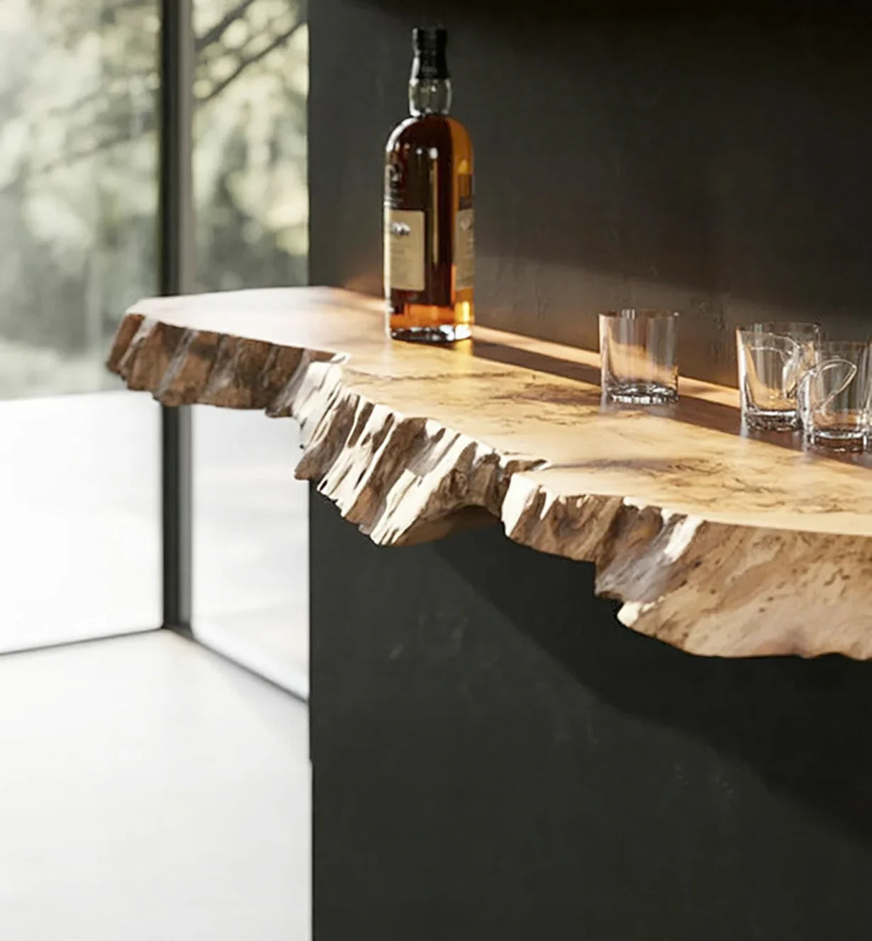 Live edge floating wood shelf with natural finish, bottle, and glasses against dark wall