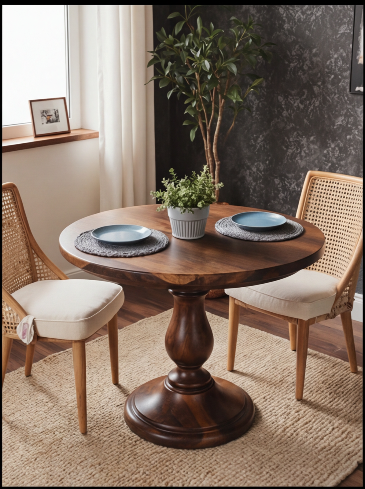 Round solid wood pedestal dining table with two chairs, minimalist decor, potted plant centerpiece