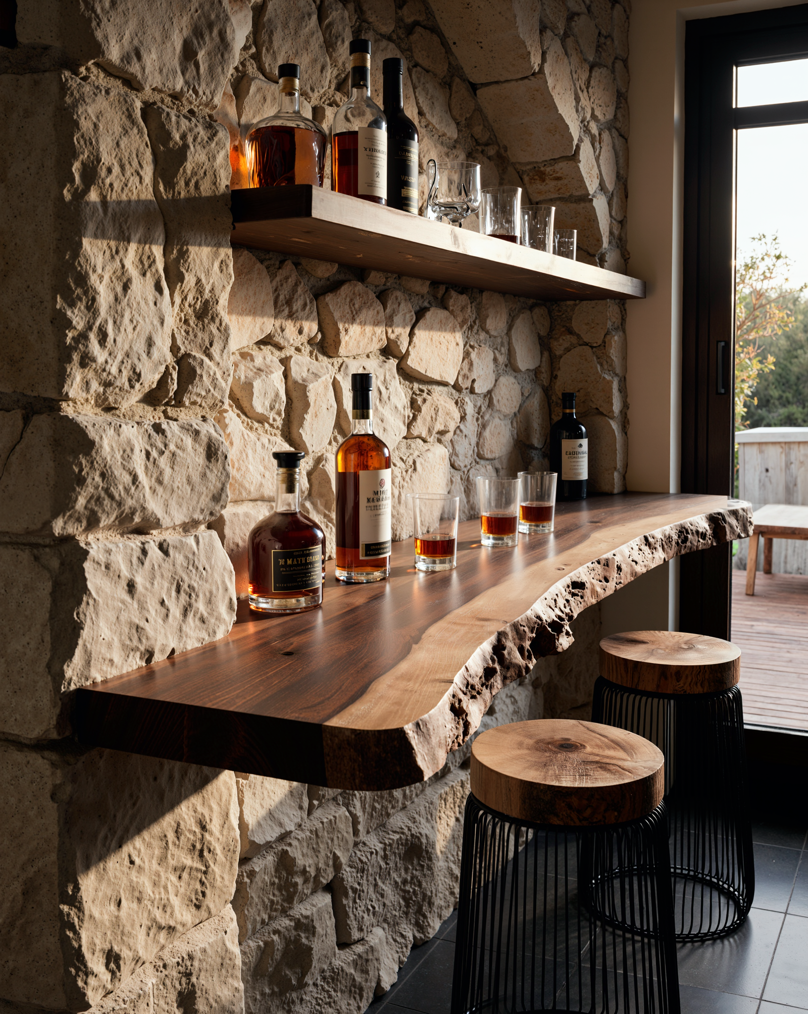 Live edge wood bar table and floating shelf with bar stools against a stone wall