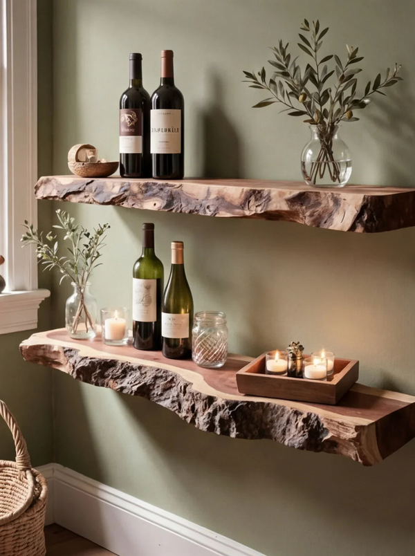 Handcrafted Live Edge Floating Bar Shelf – Rustic Solid Wood Wall Shelf for Kitchen or Bar