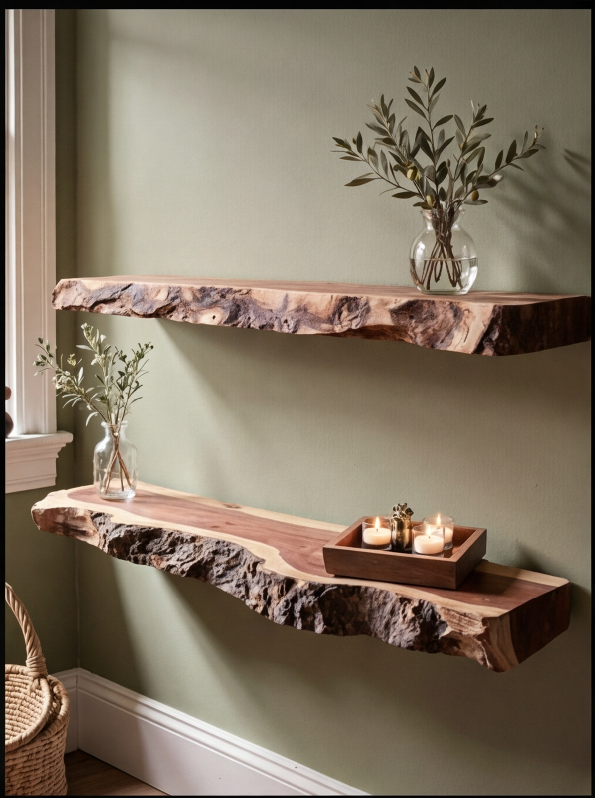 Live edge solid wood floating shelves with plants and candles, green wall background