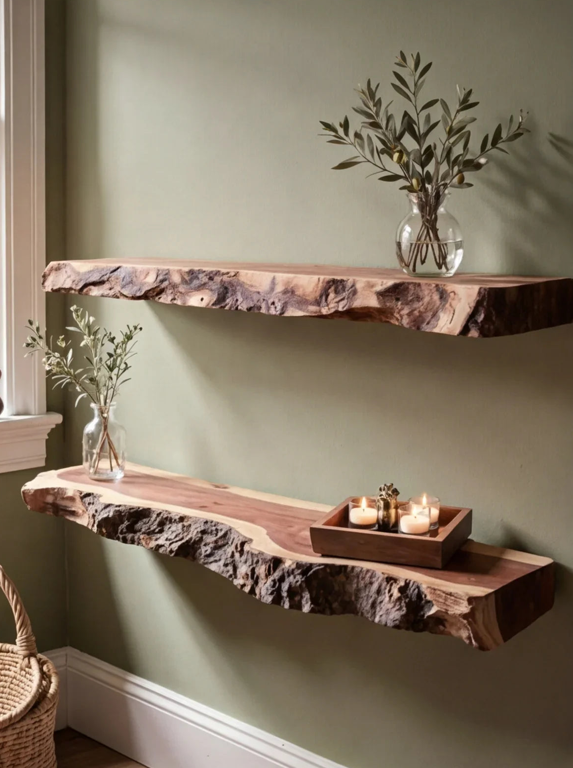 Live edge solid wood floating shelves with plants and candles, green wall background