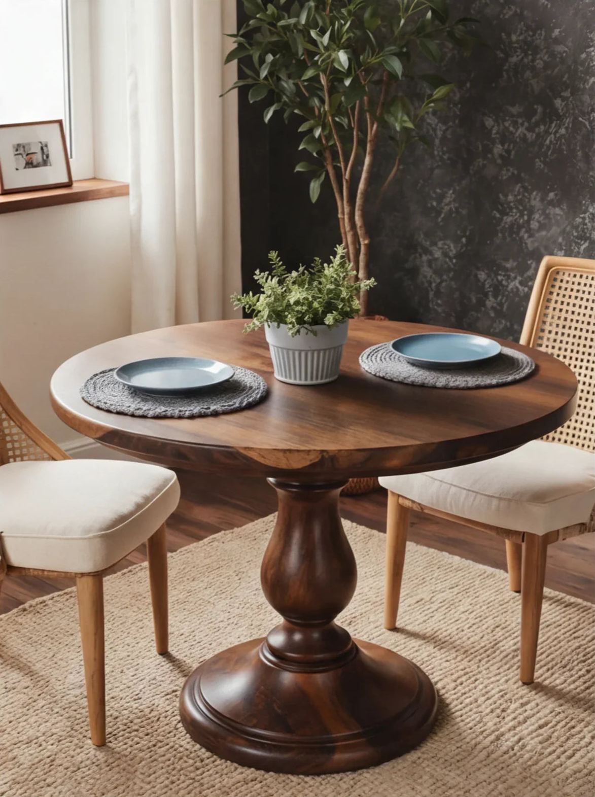 Solid wood round dining table with pedestal base, set for two, in a cozy, modern room