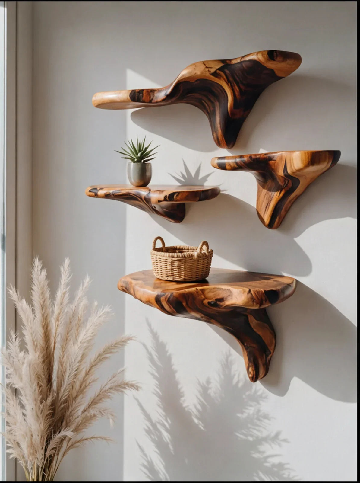 Live edge wooden floating shelves on white wall, holding a plant and wicker basket, natural decor