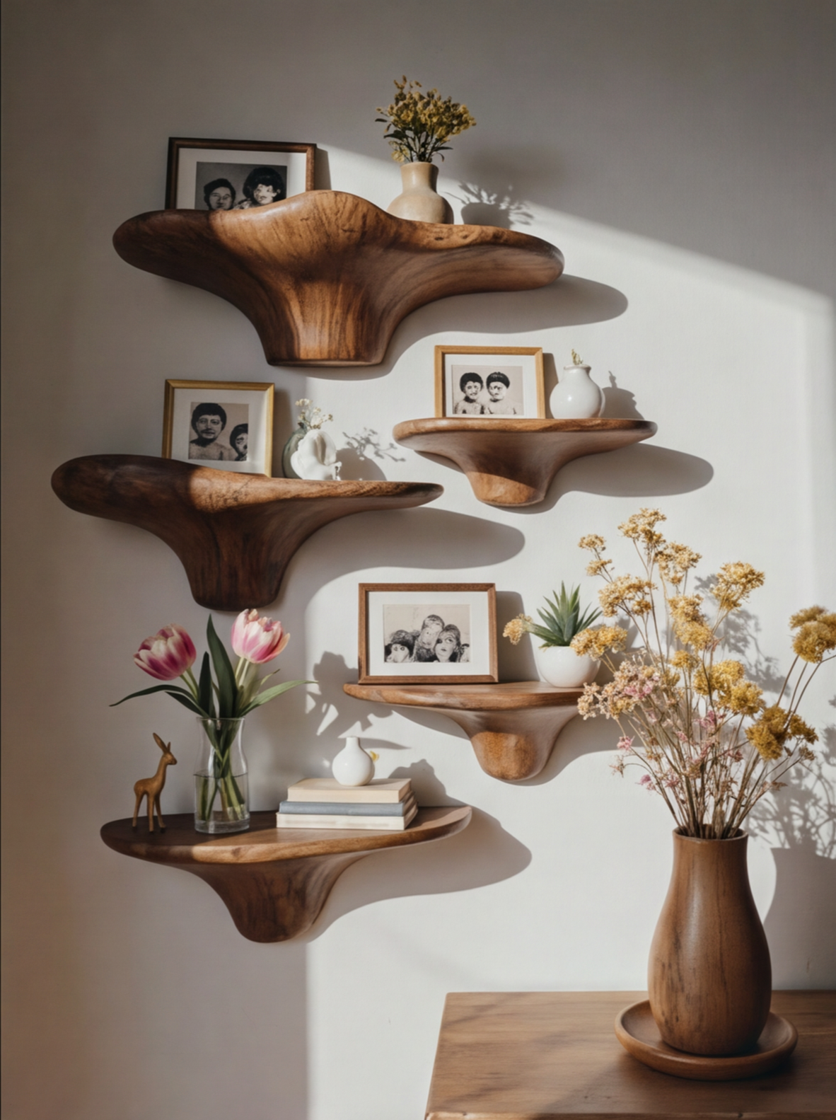 Sustainably crafted live edge floating wood shelves decorated with vases, books, and framed photos
