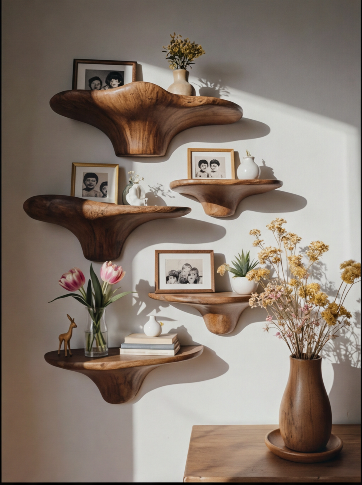 Sustainably crafted live edge floating wood shelves decorated with vases, books, and framed photos