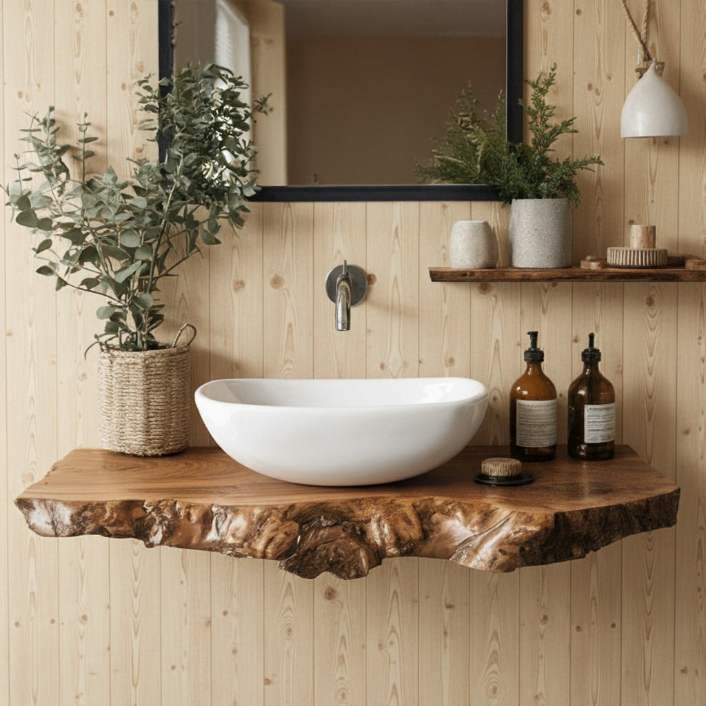 Rustic bathroom with white oval sink on live edge wooden countertop, plants, and wall-mounted faucet