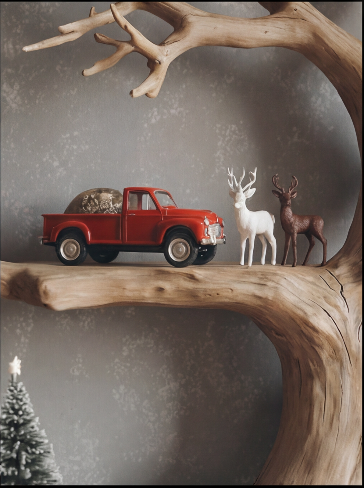 Rustic tree branch shelf with red toy truck and decorative deer figurines