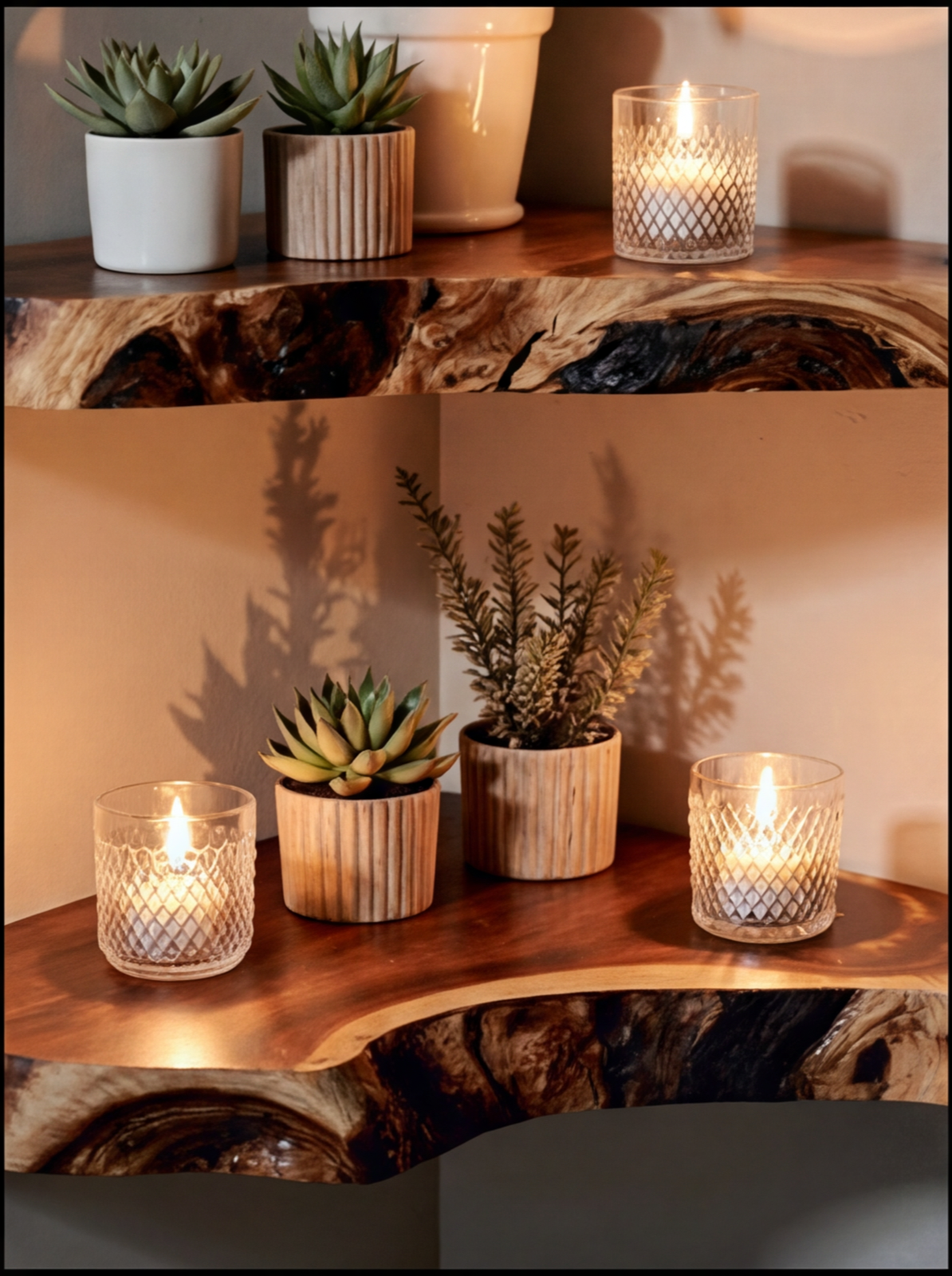 Live edge wooden shelves with candles, succulents, and potted plants, home decor display.