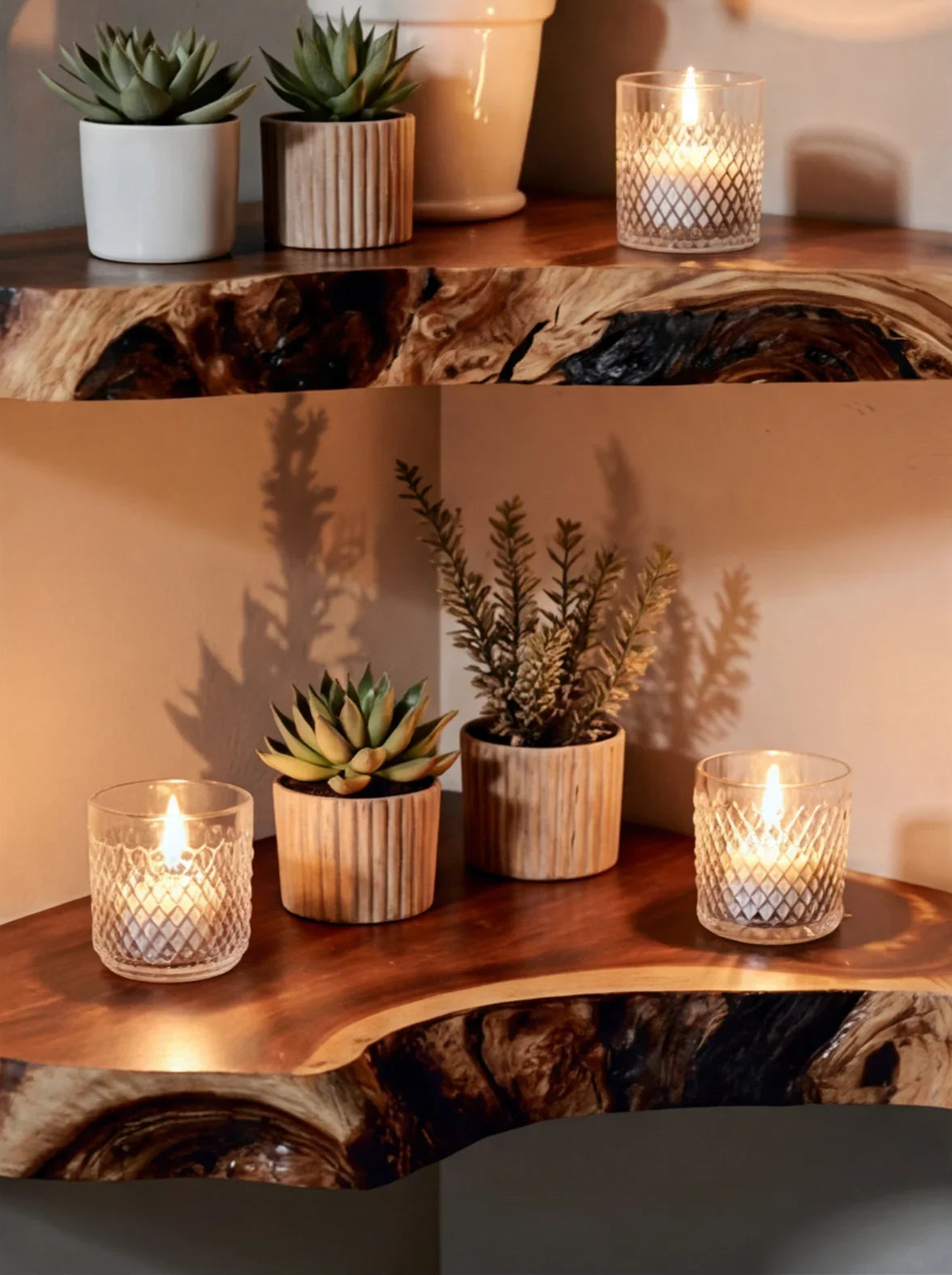 Live edge wooden shelves with candles, succulents, and potted plants, home decor display.