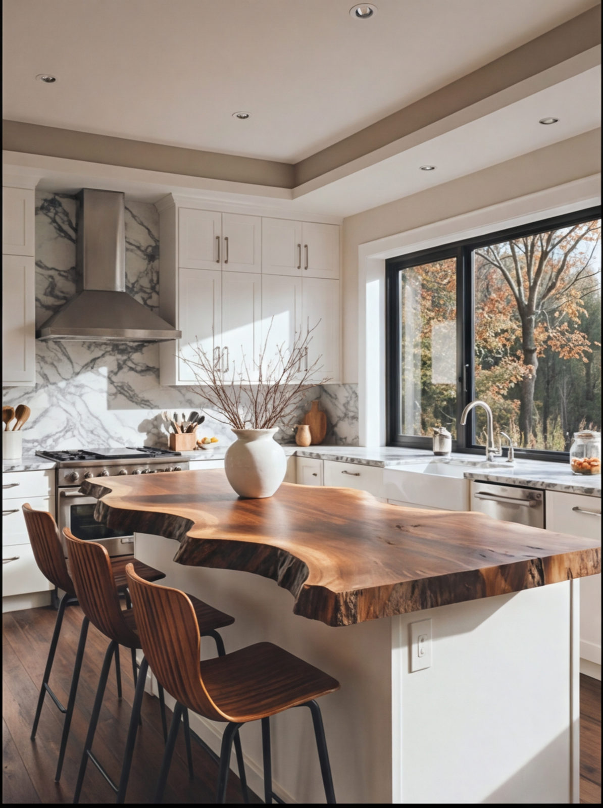 Modern kitchen with a live edge solid wood island countertop and wooden bar stools
