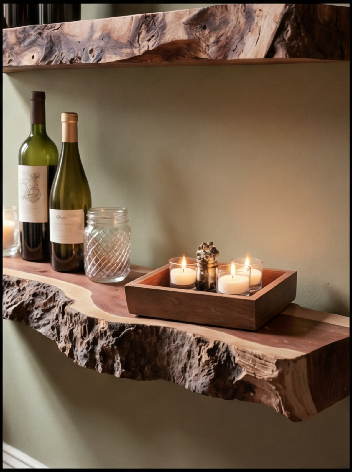 Live edge floating wood shelf with wine bottles, candles, and glass jar decor