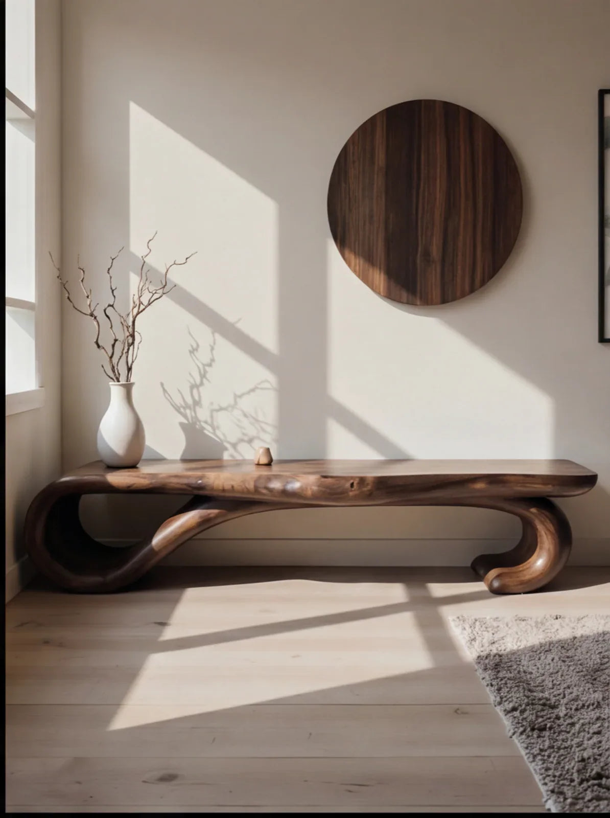 Live edge solid wood bench with sculpted curves in minimal room, sunlight, neutral decor