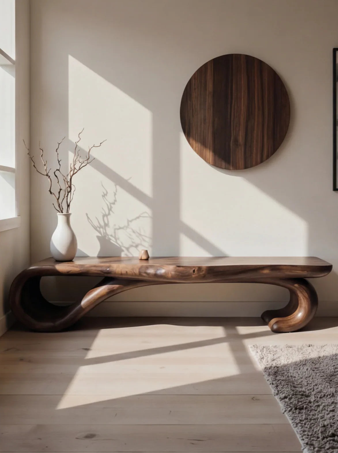 Live edge solid wood bench with sculpted curves in minimal room, sunlight, neutral decor