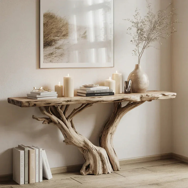 Live edge wood console table with natural tree base, books, candles, and vase in modern room