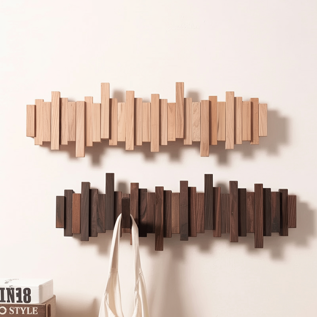 Walnut Piano Coat Rack Wall Mount β Rustic Wood Hooks & Key Holder