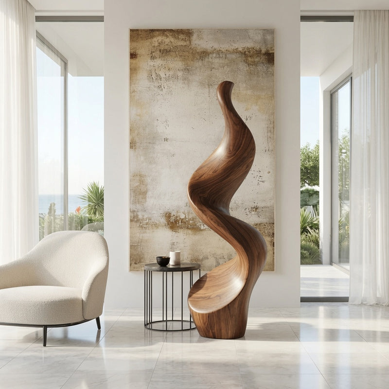 Abstract twisted floor sculpture in solid wood