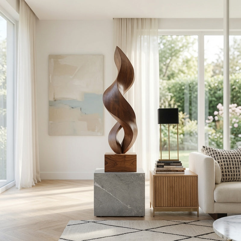 Handcrafted twisted solid wood sculpture with marble base