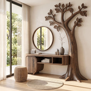 Arboreal canopy wall relief vanity table in solid wood