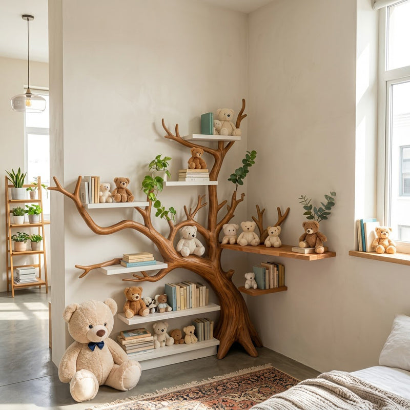 Artisanal solid wood corner tree bookshelf in solid wood