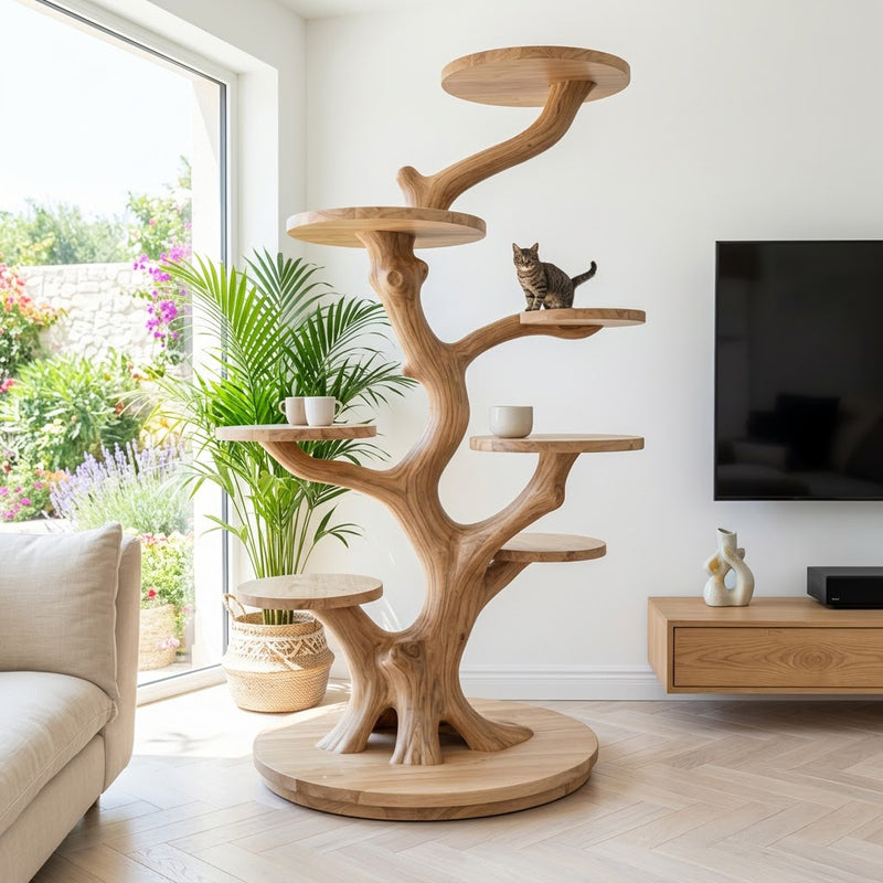 Artisanal sculptural tree cat tower with botanical display perches in solid wood