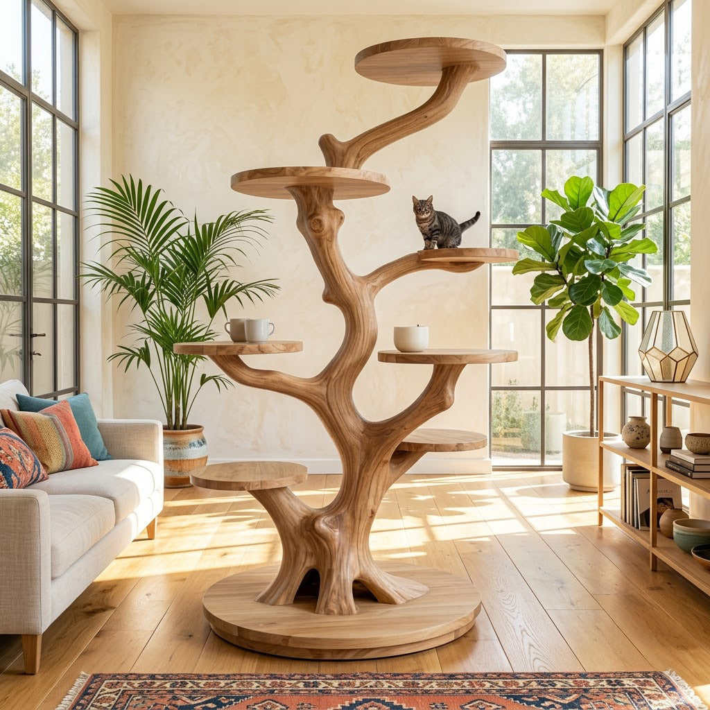 Sculptural natural wood multi-tier cat perch stand for an aesthetic pet-friendly reading corner